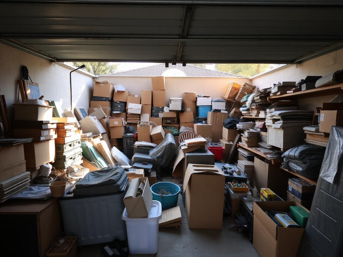 Cluttered garage full of junk before removal
